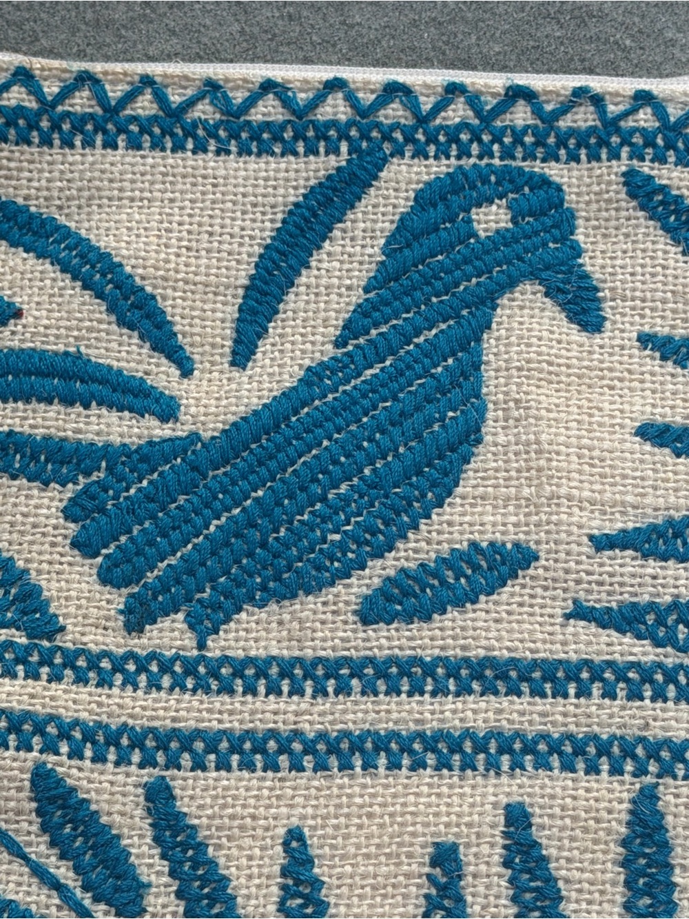 Star Mela Blue Embroidered Bird Tassel Boho Canvas Zip Bag 12" x 10" - Picture 8 of 12
